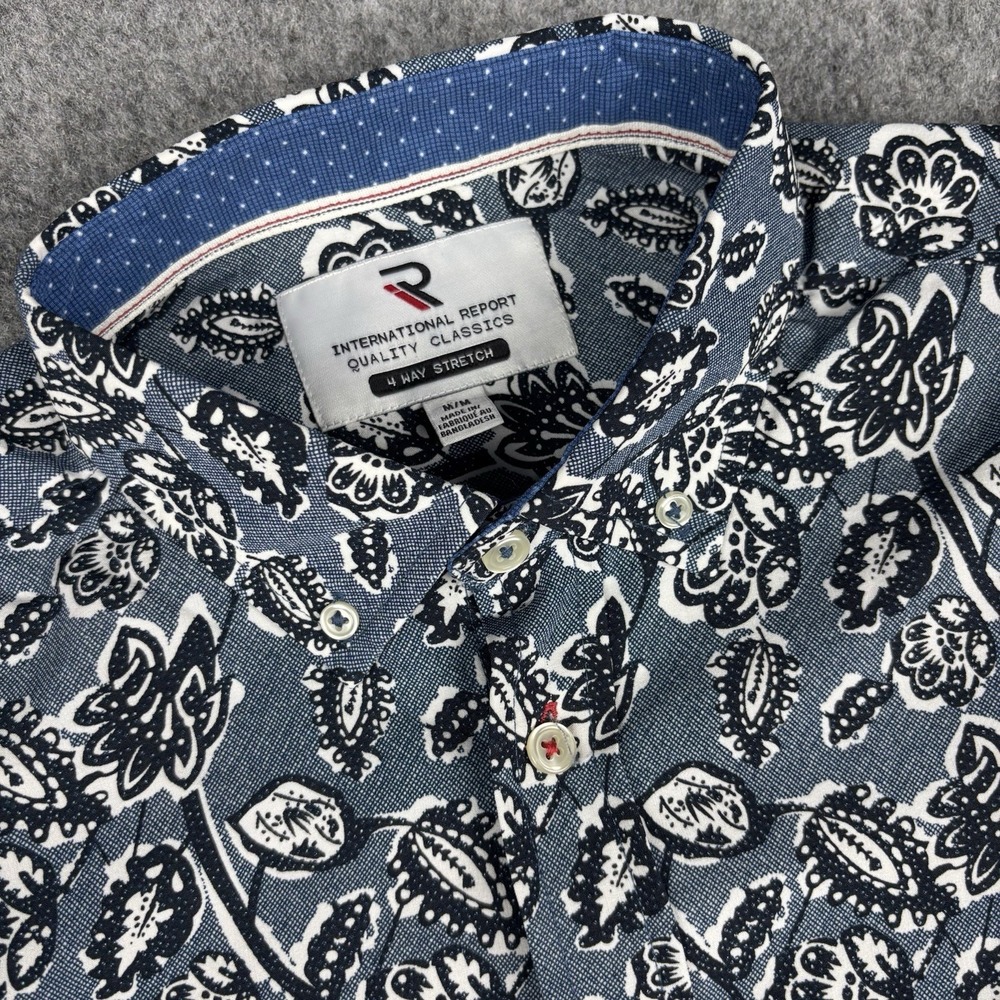 International Report 4 Way Stretch Shirt Mens Medium Blue Floral Button Down EUC